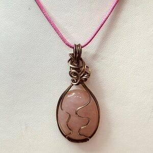 Wire Wrapped Large Rose Quartz Pendant w/Curvy Design Down Middle